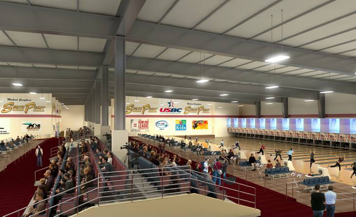 Interior view rendering of the new South Point Bowling Arena.